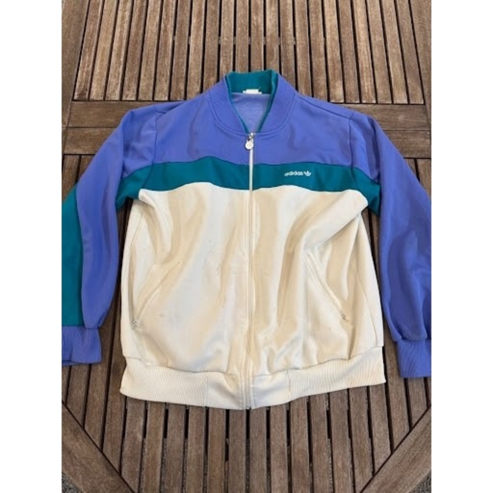 Vintage 80s Adidas Colorblock Track Jacket Blue Teal White Taiwan Trefoil XL